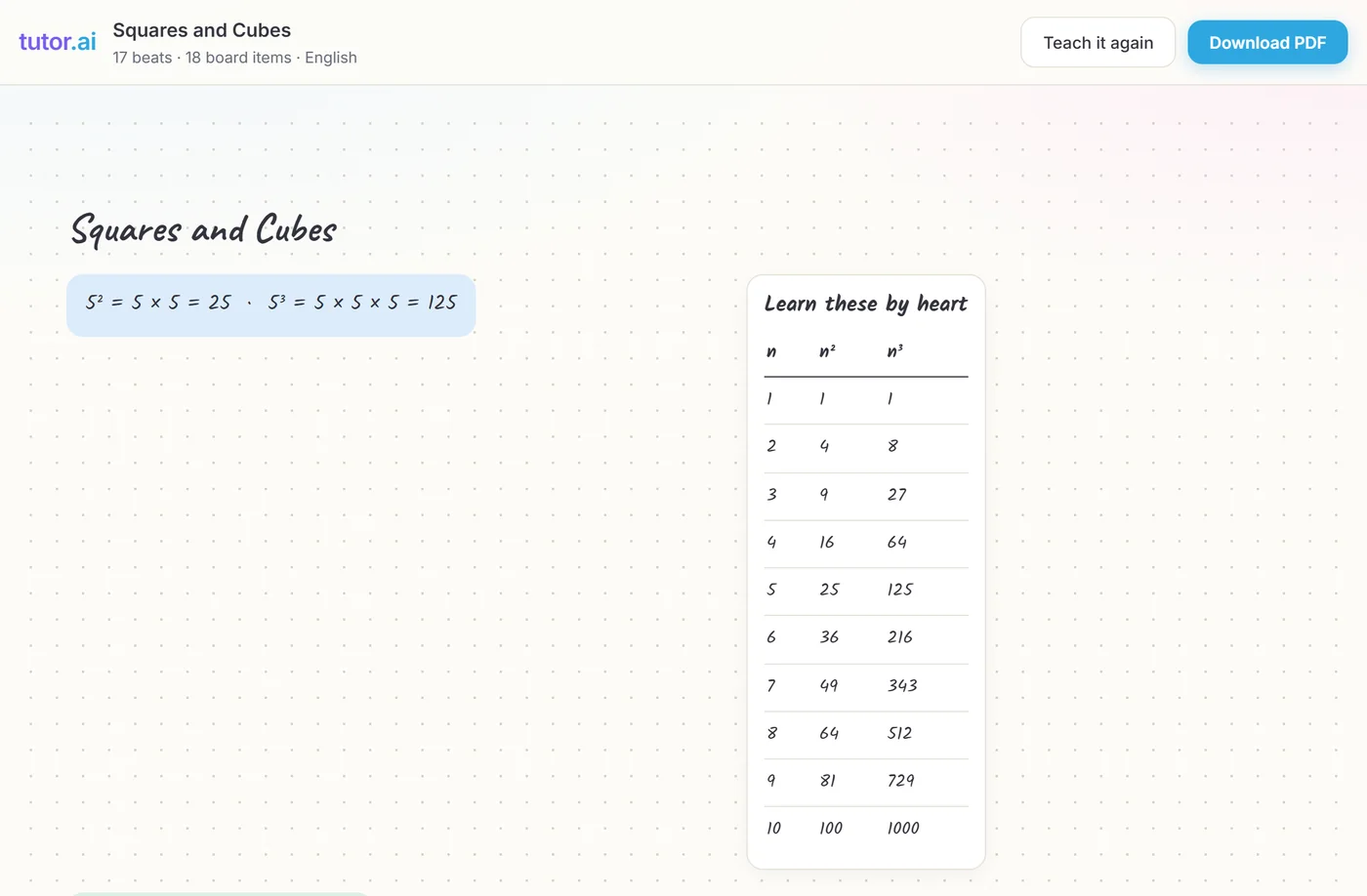 A Squares and Cubes board with a table to learn by heart